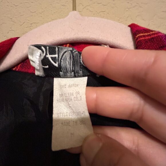 VTG Savvey Blazer Womens Medium Open Front Pockets  Red Plaid Rayon USA Academia - Picture 7 of 7